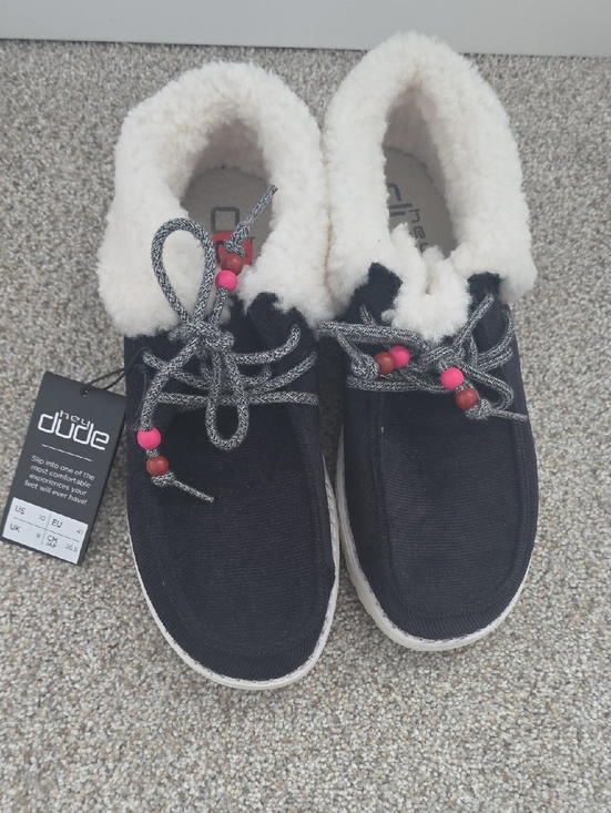 Hey Dude Shoes - Hey Dude  Womens Black Slip-On Shoes with Cream Lining and Pink Bead Accents